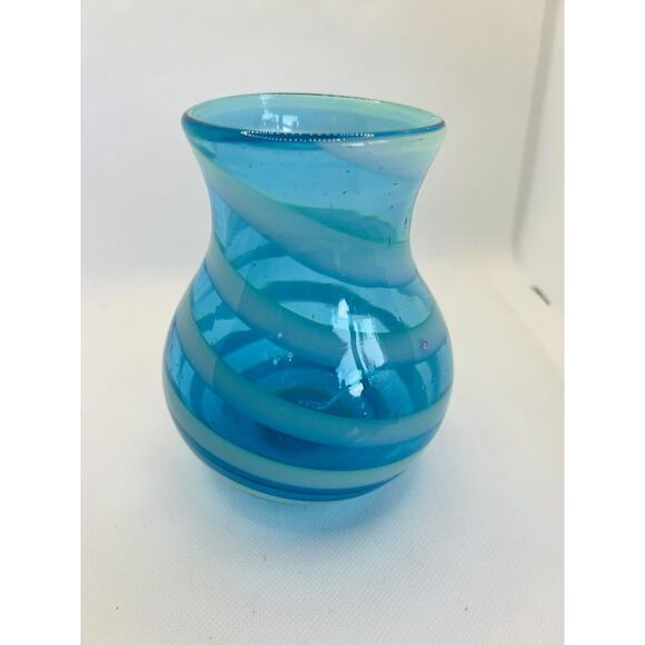 Hand Blown Art Glass Blue Swirls Decorative 5" Vase - Picture 8 of 9